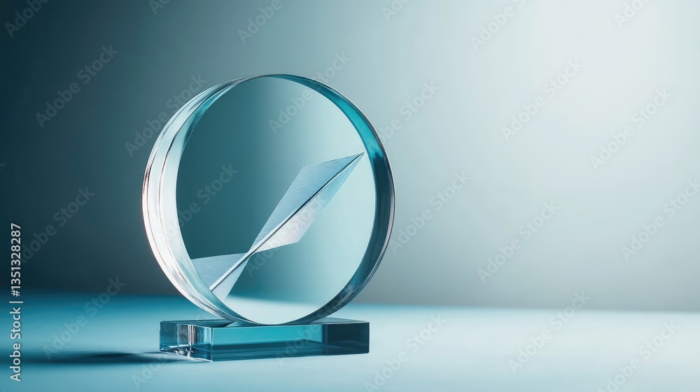 Poster elegant crystal sculpture displaying a dynamic form, set against a soft blue background with subtle 