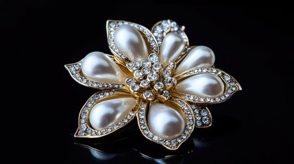 Fototapeta premium A close-up of a luxurious brooch featuring pearls and diamonds set against a black background, perfect for fashion or jewelry illustrations