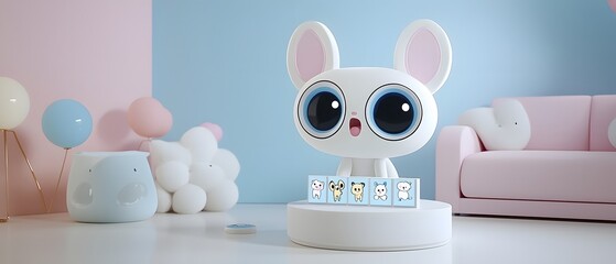 Adorable animated cartoon character with large expressive eyes holding a set of flashcards featuring cute animal companions encouraging interactive learning and educational fun for children