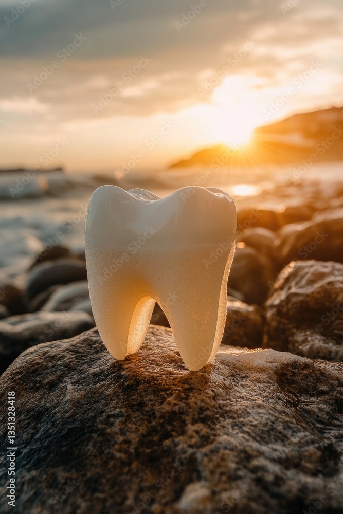 Poster a single tooth sits atop a rock, perhaps from an archaeological dig or as part of a geological study