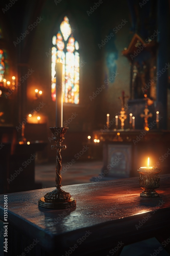 Poster a single candle sits on top of a simple wooden table, lit up the surrounding space