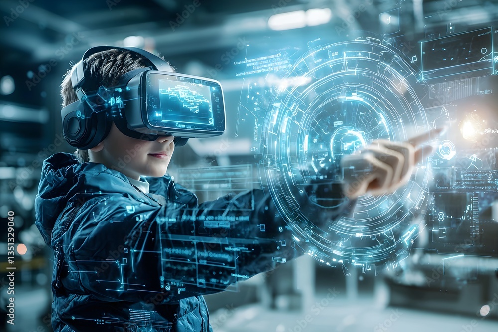 Poster animated 3d character standing in a virtual reality learning environment using high tech glowing fla
