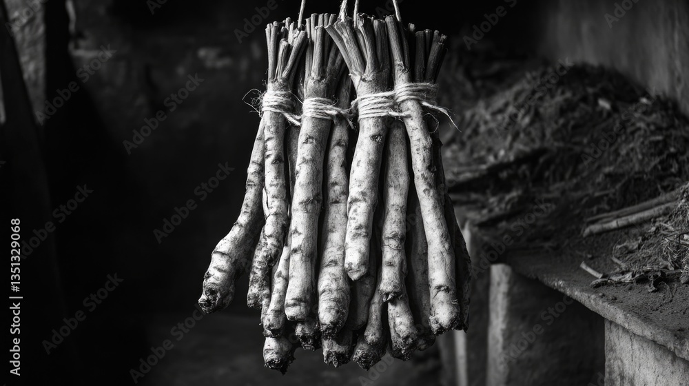 Poster a bunch of colorful carrots hang from a string, perfect for decorative or educational use