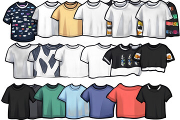 Colorful t-shirt designs, various styles isolated on white or transparent