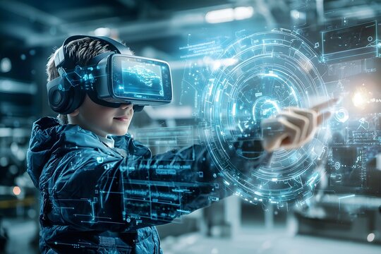 Animated 3D character standing in a virtual reality learning environment using high tech glowing flashcards to teach vocabulary words while children wearing VR headsets point at interactive floating