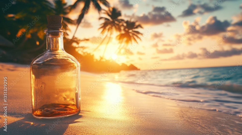 Poster a serene beach at sunset with a message in a bottle resting on the sand, surrounded by palm trees an