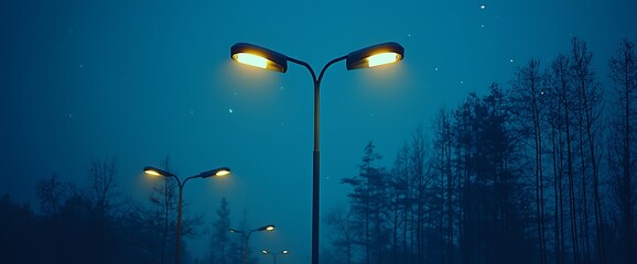 Night Scene with Illuminated Streetlamps and Trees