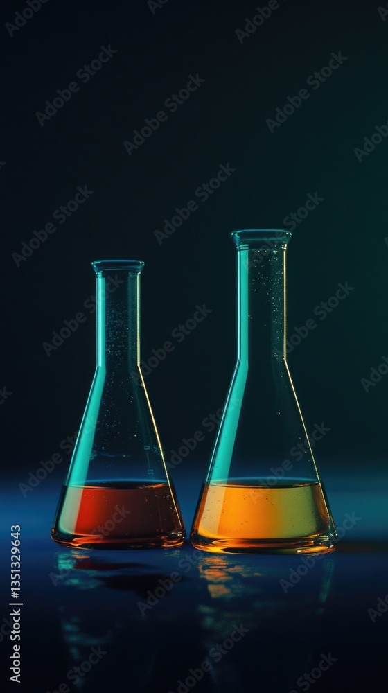Poster two flasks filled with colored liquids on a table, suitable for science or chemistry illustrations