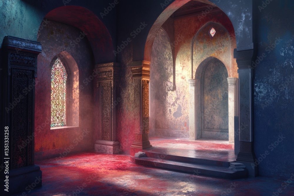 Poster A cozy room with a distinctive red floor and a large window, perfect for interior design or architecture projects