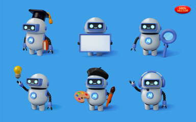 Set of cute 3D robots. Different skills of artificial intelligence. Chatbot, creating illustrations, searching for information, generating ideas. Vector.