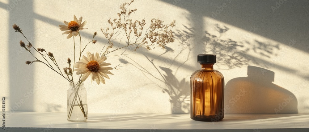 Poster a still life image featuring a vase of flowers and a bottle of water on a table