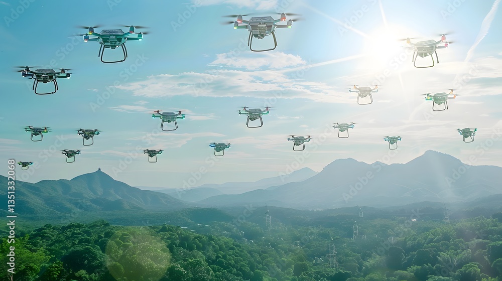 Poster cutting edge solar powered drone swarm technology deployed for large scale reforestation and eco fri