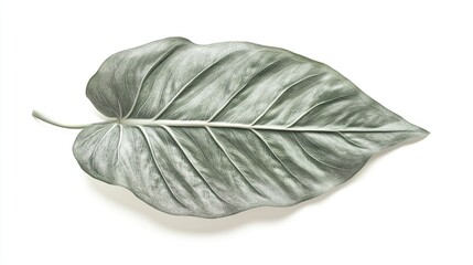 Single silver philodendron leaf isolated on white.
