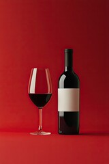 Bottle and glass of red wine on red background. Copy space.