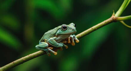 Tree Frog Resting on Branch Green Forest Background Wildlife Photo
