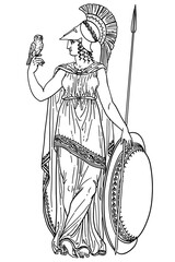 Line art illustration of Athena, the Greek goddess of wisdom and warfare (also known as Minerva in Roman mythology). Depicted with her iconic helmet, spear, shield, and owl companion.
