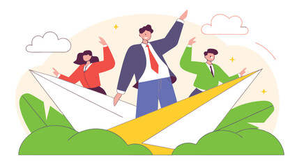 Business leader standing on a paper airplane with a telescope, symbolizing vision, strategy, innovation, leadership, and future business growth in a modern flat illustration style
