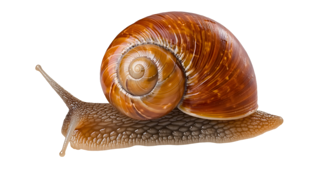 A close-up of a snail crawling slowly on a leaf, showcasing its delicate shell and glistening slime trail.

