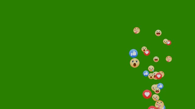 Social media live style emoji with Chroma Key, Emoji social media element, Live streaming style animated icon green screen, Emoji Partical. Like, Heart, Thumb Up, Smileys. 4K Video