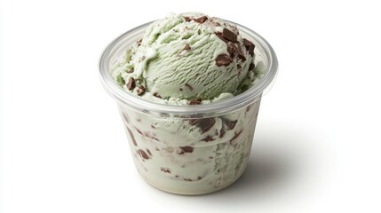 Mint chocolate chip ice cream cup, studio shot, white background