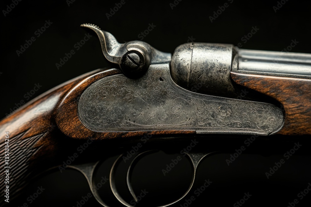 Poster close-up of a handgun on a dark background, suitable for use in crime or thriller scenes