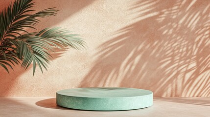 Minimalist podium, sunlit backdrop, tropical leaves, display, product presentation