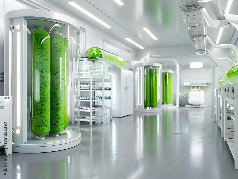 Poster futuristic algae biofuel production system in high tech sterile laboratory environment with advanced
