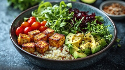 Fototapeta premium Colorful healthy bowl with quinoa, veggies, and tofu