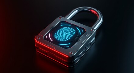 A futuristic padlock with a fingerprint scanner on a dark surface illuminated by neon lights