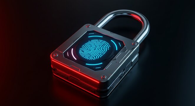 A futuristic padlock with a fingerprint scanner on a dark surface illuminated by neon lights