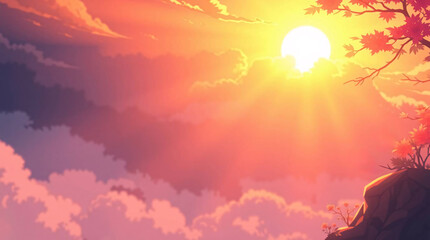 Colorful Sunset Sky with Clouds and Sun Rays, Tranquil Nature Scene Illustration