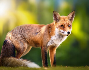 Retrato de un hermoso zorro cazador mirando de frente aislado en fondo verde
