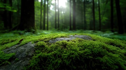 Fototapeta premium Lush forest floor covered in vibrant moss, sunlight filtering through trees