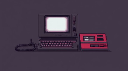 Retro computer setup, 80s pixel art, gray background, website design