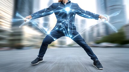 Futuristic cybernetic human with glowing neural implants and data streams flowing through the body showcasing real time processing and ultra sharp cinematic lighting for a deep