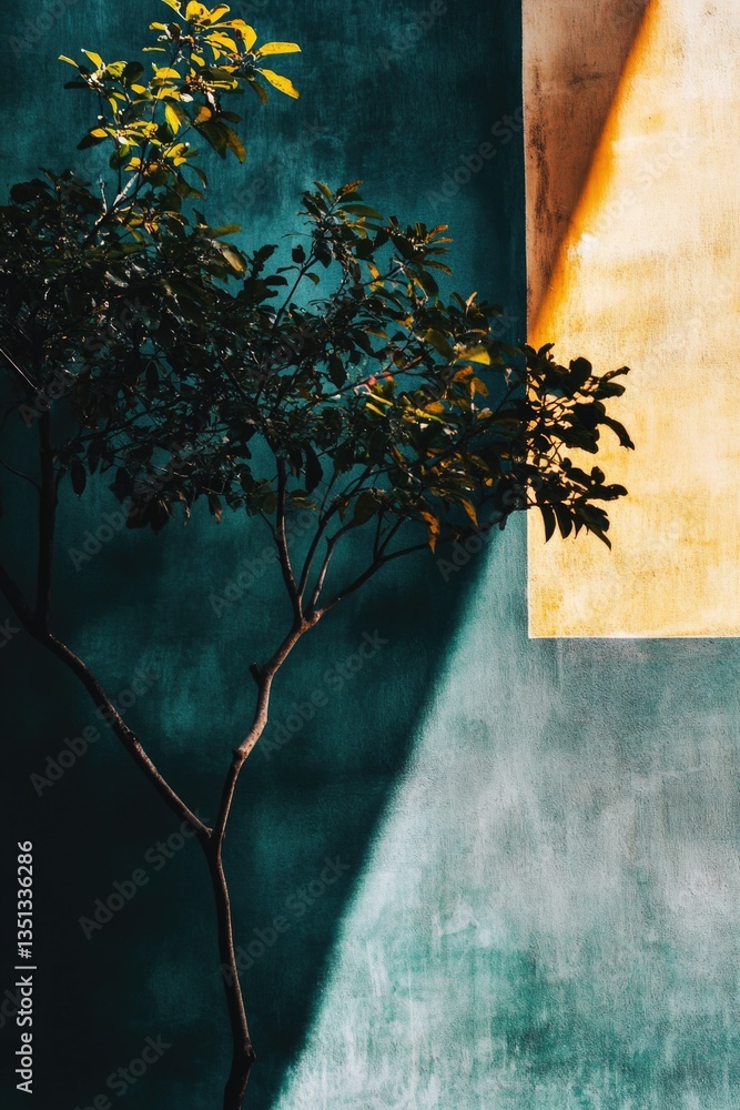 Aufkleber A small tree stands in front of a large green wall, creating a natural and calming atmosphere