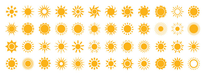 Set of sun icon symbol. Sunshine Vector flat design. Collection of sun stars simple icons. Sunrise or sunset logo decorative signs. Abstract Sunshine