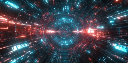 Obraz premium A digital tunnel illustration showing red and blue energy lines radiating