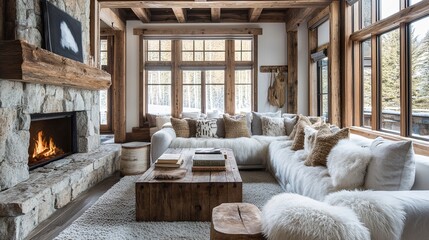 Alpine-inspired chalet interior with a stone fireplace, oversized sofas, fur throws, and wooden accents, complemented by a soft glow from natural light, medium framing 