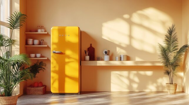 Bright kitchen scene features a yellow refrigerator and houseplants