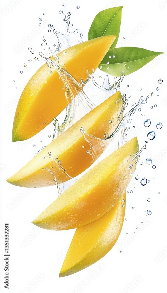 Aufkleber fresh mango slices suspended in an explosion of water droplets, creating a dynamic and refreshing co