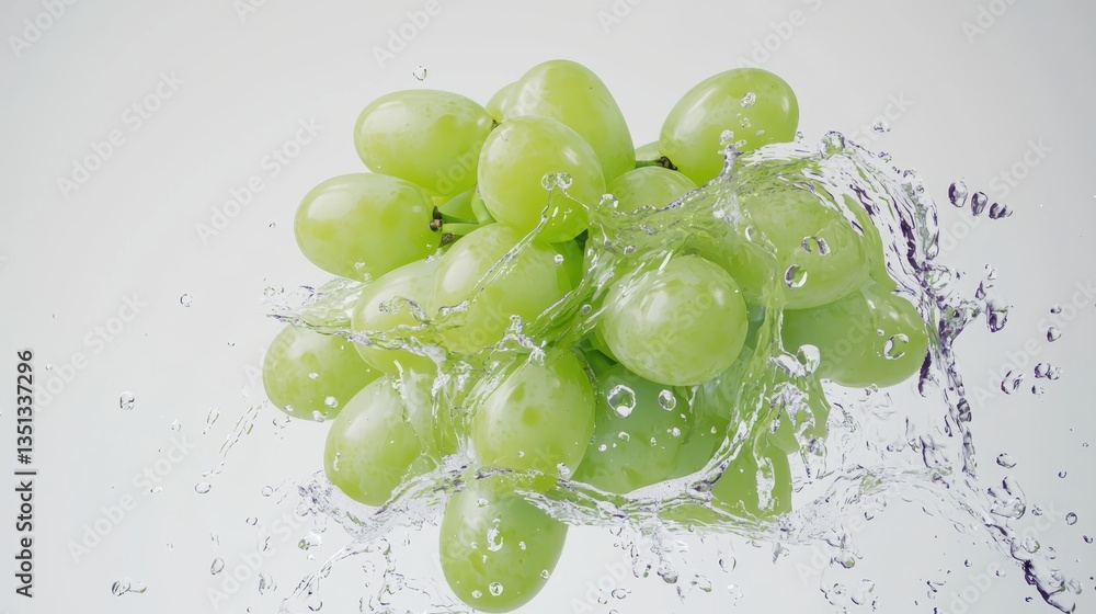 Poster floating grape cluster with dynamic water splashes, crisp details, pure white background, refreshing