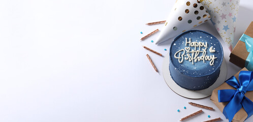 Birthday cake with candles and gift boxes on white background, top view