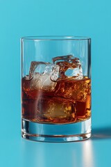 Glass of whiskey with ice on modern reflective bar counter against blue background.