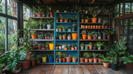 A collection of ornate, colorful potted plants on a wooden shelf, with a mix of green and orange pots, in a rustic, wooden greenhouse with large windows and wooden beams.