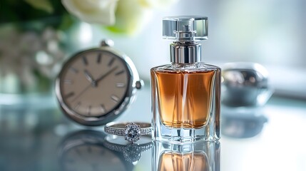 Exquisite Perfume Elegance: A luxurious perfume bottle stands alongside a vintage watch and a sparkling ring, creating a sense of timeless sophistication and alluring beauty.