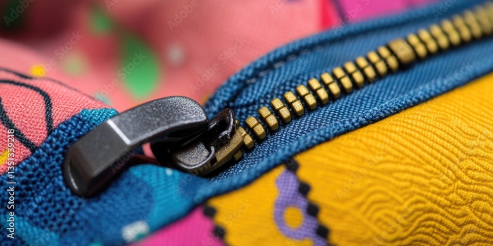 Poster A close-up shot of a zipper on a colorful bag, suitable for use in illustrations or as a design element