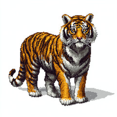 Obraz premium Pixel Art Tiger Standing Proudly Isolated on White Background Digital Design