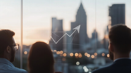 Business team sketching growth strategy on glass wall