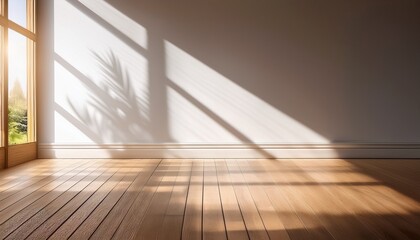 bright room with wooden floor and shadows on empty wall from large window natural daylight product presentation background